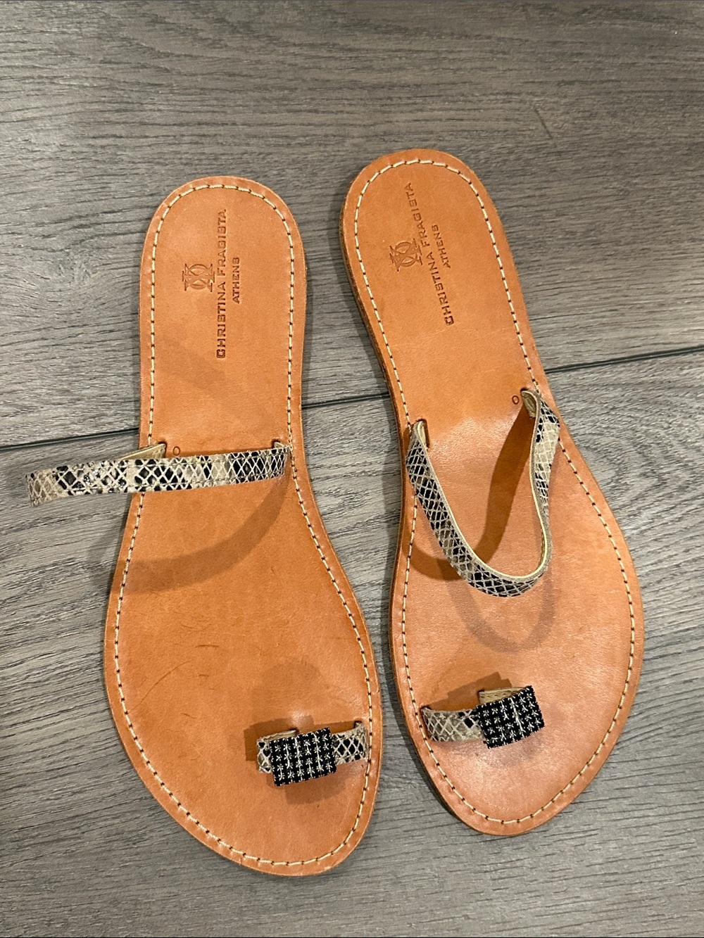 Snake-Print Toe-Loop Sandals in Tan - Christina Fragista Athens